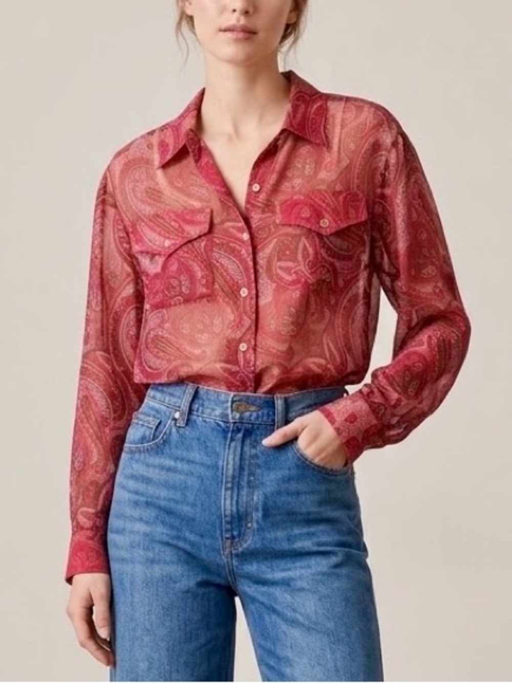 90s Vintage Bill Blass Sport 100% Silk Paisley Blouse 4 Sheer Boho Designer Top
